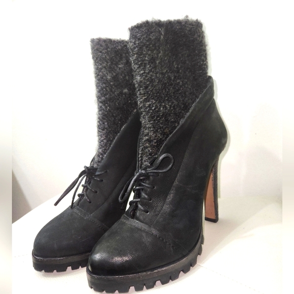 VIC MATIE ITALIAN LEATHER LUG SOLE & WOOL BLEND SOCK ANKLE BOOTS 40 - Picture 2 of 10